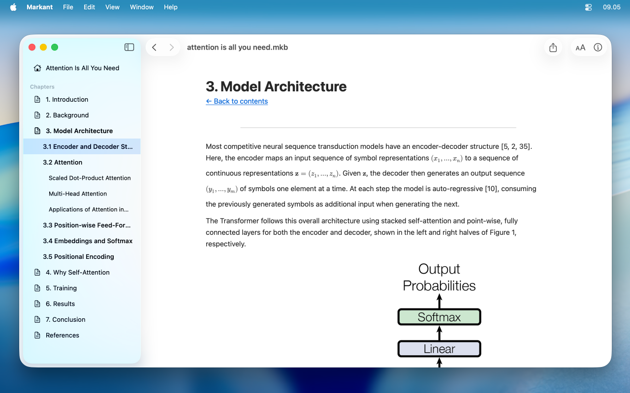 Markant in light mode showing a research paper with sidebar and math
